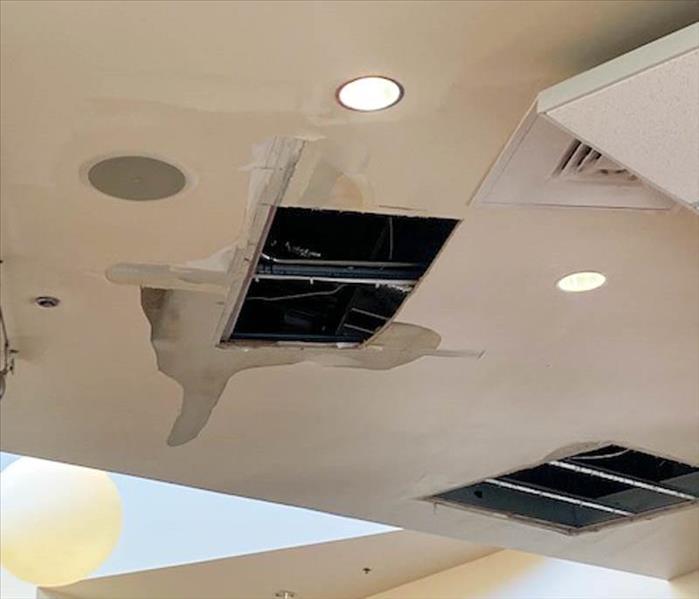2 holes in a ceiling due to water damage.